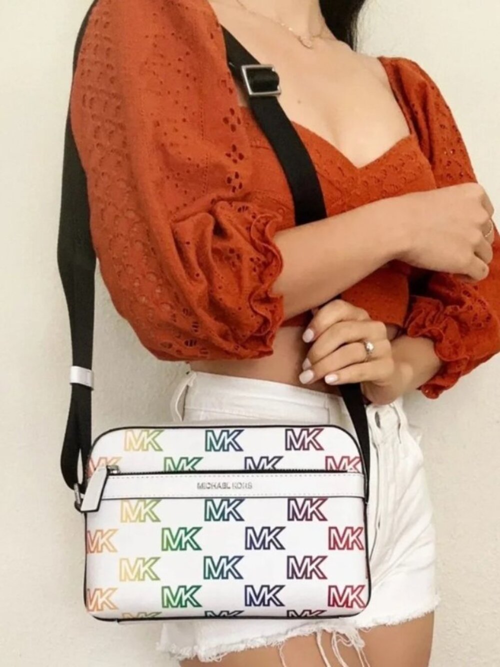 *NWT* Michael Kors Cooper Utility Crossbody Bag Rainbow MK Signature White